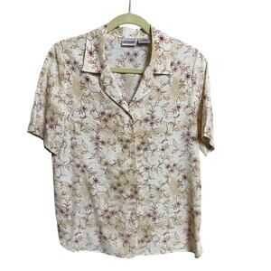 Vintage Liz Baker Button up V- Neck Blouse  Size 8  Floral Pattern Neutral Tones